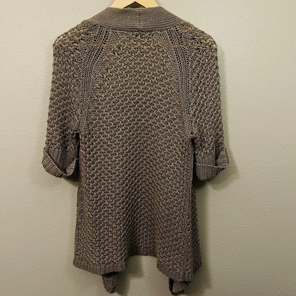 Asymmetrical Chunky Knit Cardigan Short Sleeve Beige Brown Goblincore Sz S -READ